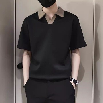 新款短袖潮流男夏季潮牌痞帥撞色V領T恤高級感男士夏裝短袖Polo衫