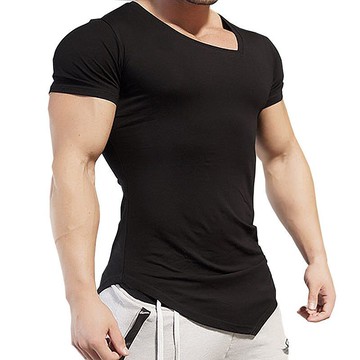 FINDSENSE MD 韓國 潮 男 時尚 素面 純色 全棉 大尺碼 不規則衣領下擺 特色短T 素面T 短袖T恤