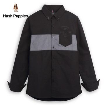 Hush Puppies 襯衫 男裝剪接拼色英文字立體印花牛津襯衫
