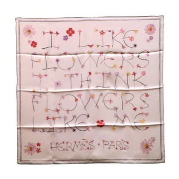 HERMES 經典I Like Flowers系列手工捲邊字母圖騰真絲方巾/領巾(粉紅色)