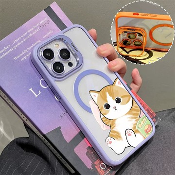 躺平貓咪 磁吸手機殼 金屬鏡頭支架 保護殼 適用於iPhone 18 16 15 14 13 12 11 Max防摔殼
