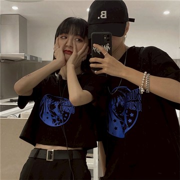 情侶裝簡約正肩短袖T恤女夏新款原宿風寬松百搭半袖上衣