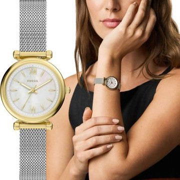 FOSSIL Carlie Mini 簡約大三針珍珠貝米蘭帶女錶 暑期質感選物 送禮首選-28mm ES5463