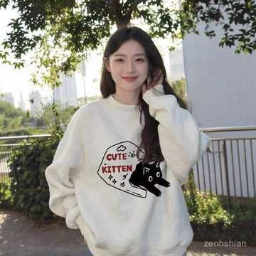【台灣出貨】韓系衛衣女 大尺碼上衣 卡通貓咪字母印花上衣 刷毛衛衣 圓領上衣 寬鬆上衣 長袖上衣女 內搭打底衫 休閒上衣