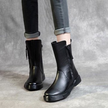 靴子女2025秋冬新款休閑真皮復古中筒靴純皮平底軟皮英倫風馬丁靴