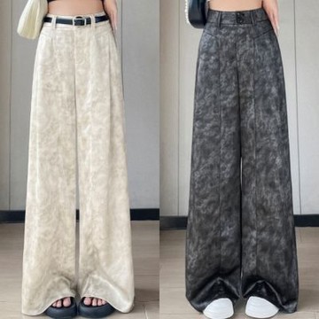 [米蘭精品] 現貨+預購 女緞面高腰寬褲連身褲顯瘦直筒休閒褲女長褲落地褲-絲質西裝女褲子2色74lu78