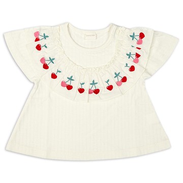 akachan honpo - 短袖T恤-胸口荷葉邊-米白色