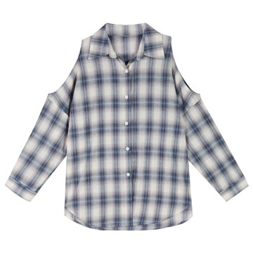 露肩格子襯衫上衣女2020年夏季新款復古港風中長款設計感洋氣襯衣