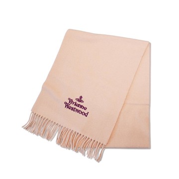 Vivienne Westwood 土星刺繡Logo羊毛流蘇圍巾(蜜桃粉)