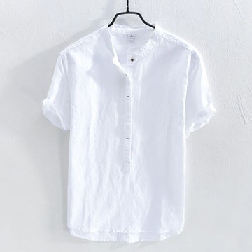 香港夏季新款純色短袖棉麻襯衫男士休閑立領修身半袖亞麻白襯衣薄