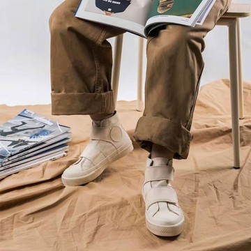 女土休閑鞋魔術貼帆布鞋女解構山本風復古高幫鞋子百搭黑鞋港