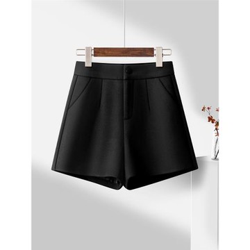 百搭黑色毛呢短褲女冬季2025新款高腰顯瘦a字褲簡約外搭闊腿靴褲