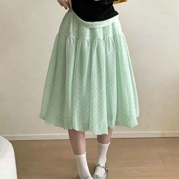 台灣出貨 甜美韓系新款溫柔波點花苞夏季顯瘦百搭減齡蓬蓬半身裙中裙 中長款半身裙 半身裙 a字裙 氣質半裙