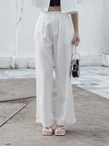 韓系後腰鬆緊時髦細直紋西裝長褲