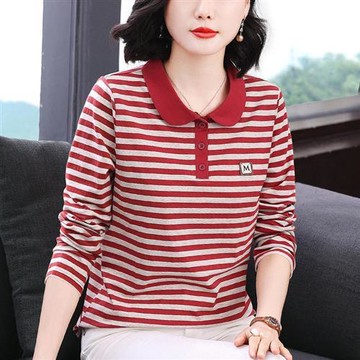 【巴黎精品】現貨+預購高級長袖POLO衫寬鬆上衣針織衫簡約大碼休閒大尺碼女裝百搭媽媽裝-V領條紋2色a1lq11