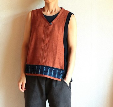 枇杷藍染背心 / 無袖 / 絲綢 / 棉 / 草木染 Ladies S~M