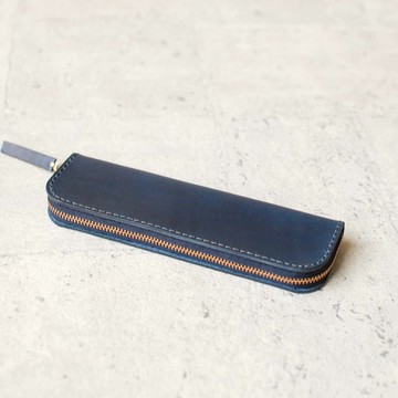 海軍藍色硬挺立體植鞣真皮革筆袋
