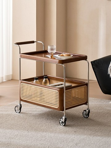 移動推車置物架   中古流年小推車邊幾可移動置物架網紅法式復古侘寂風藤編實木茶幾