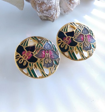 Vintage Jewelry 景泰藍 雙朵百合花卉 夾式耳環