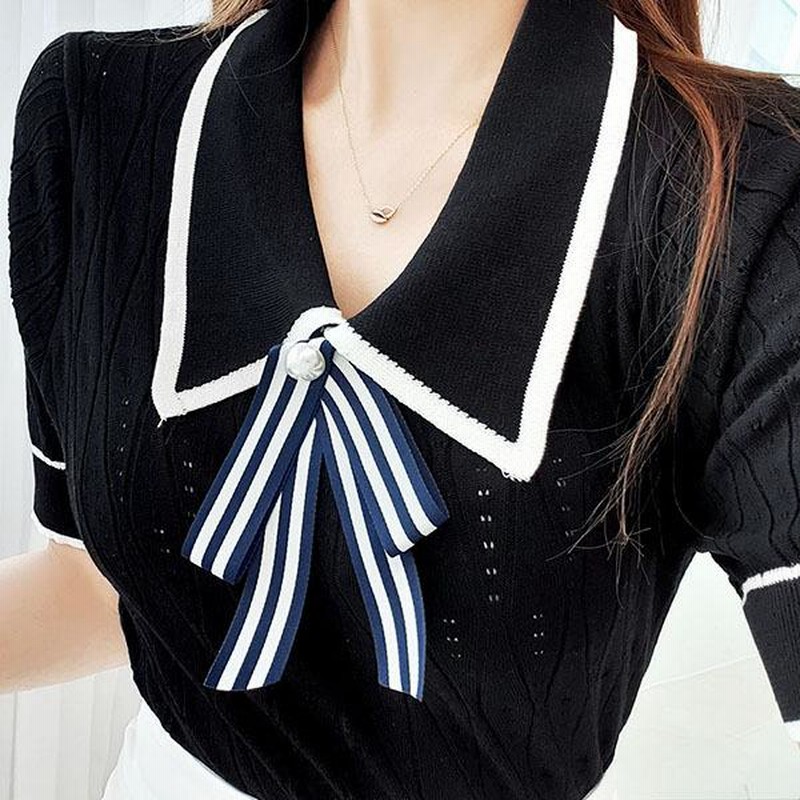 トップス レディース ニット ノースリーブ 配色 カットソー タイト スリム 襟付き プローチ カジュアル おしゃれ 春 夏 韓国 to28703 ノースリーブニット レディース トップス ニット タンクトップ