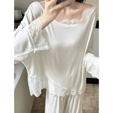 【臺灣出貨】新款免穿文胸潮流蕾絲花邊家居服女生 春秋款自帶胸墊舒適寬鬆睡衣 一字領蕾絲長袖居家服