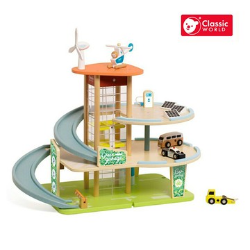 【德國 classic world 客來喜經典木玩】綠能立體升降停車塔/軌道停車塔(附直升機、小汽車)