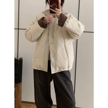 花灰灰🌟溫柔感雪季 l 米杏X藍 M-L設計感假兩件保暖白鴨絨拉鍊抽繩連帽外套 冬季新款保暖百搭麵包針織外套 羽絨外套