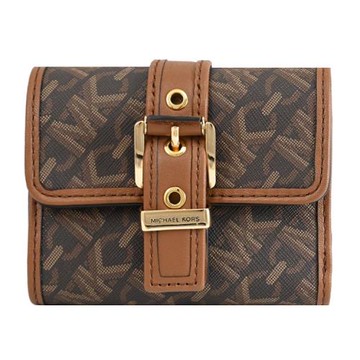 MICHAEL KORS COLBY 金屬穿扣印花三折零錢小短夾.深咖/咖邊