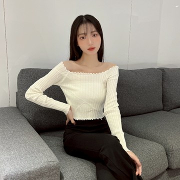 木耳邊坑條上衣【20202】Sandy33實拍秋冬新款韓系INS休閒百搭氣質長袖圓領短版上衣 針織上衣 針織衫 打底上衣