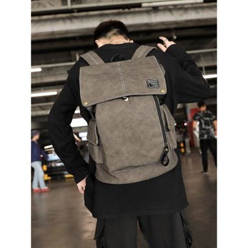 潮牌男雙肩包韓版新款皮質背包大學生翻蓋書包電腦包戶外旅行背包