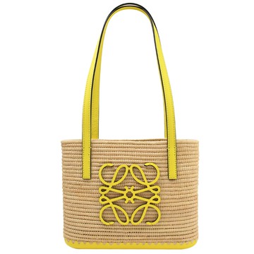 LOEWE BASKET 經典皮飾LOGO肩背托特草編包.黃邊