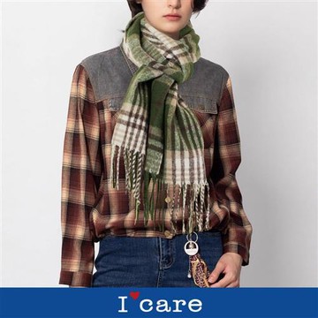 現貨【Icare】墨綠蘇格蘭格紋流蘇圍巾（F）｜格紋圍巾 圍巾配件 冬天圍巾