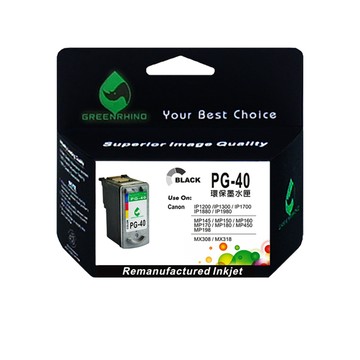 Greenrhino for CANON PG-40 黑色高容量環保墨水匣適用CANON MP145/MP150/MP160/MP170/MP180/MP198/MP145/MP218/MP228/MP450/MP460/MP476