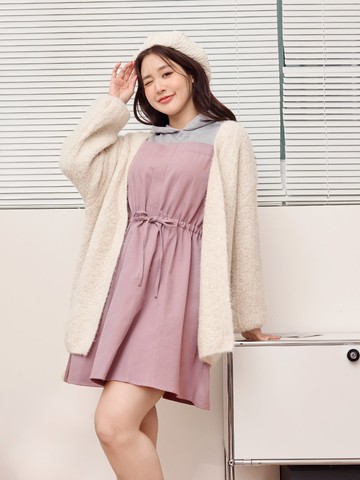 雲朵自訂款-純棉拼接綁帶連帽洋裝