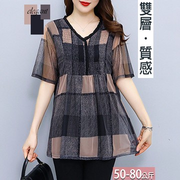 雪紡上衣木耳滾邊皺褶幾何色塊印花 XL-5XL【931281X】【現+預】-流行前線-