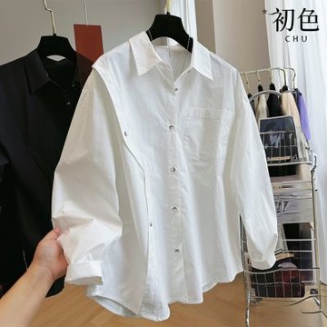 初色 寬鬆翻領長袖單排釦襯衫上衣女上衣-共2色-38518(M-2XL可選)