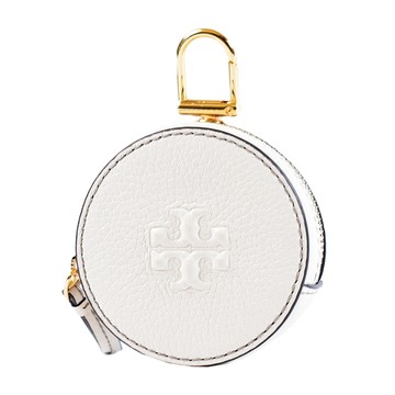 TORY BURCH THEA 浮雕LOGO荔枝紋圓型拉鍊零錢包-白色