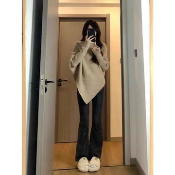【台灣出貨】不規則高領毛衣女冬季新款爆款韓系溫柔慵懶風加厚針織上衣潮 毛衣 針織毛衣 開衫 上衣 女裝 秋冬上衣 外套
