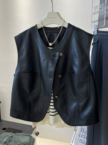 pu皮馬甲女短款2024秋裝新款韓系穿搭機車服無袖背心馬夾外套上衣