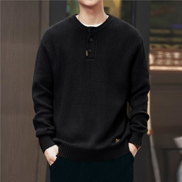 格藍鹿美式複古針織亨利衫慵懶風秋冬季加厚豎條紋工裝套頭毛衣男 黑色针织衫 男装秋冬上衣 H1204