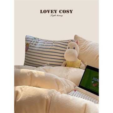 LOVEY COSY韓國輕奢秋冬款牛奶絨卡通條紋刺繡加絨加厚床上四件套