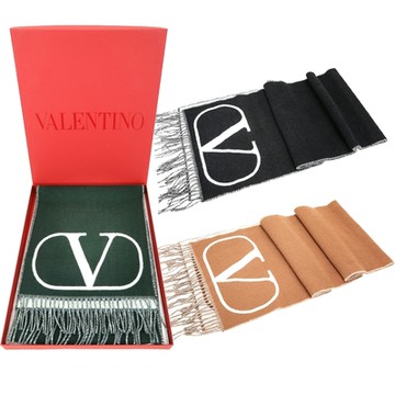 VALENTINO 范倫鐵諾 V LOGO 撞色標誌羊毛絨流蘇披肩 圍巾-多色可選