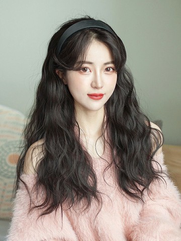 懶人發箍假發一體女 網紅時尚羊毛卷長發半頭套中長卷發全頭發套
