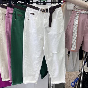 白色哈倫牛仔褲女春夏薄2025新款高腰寬松休閑九分破洞蘿卜老爹褲