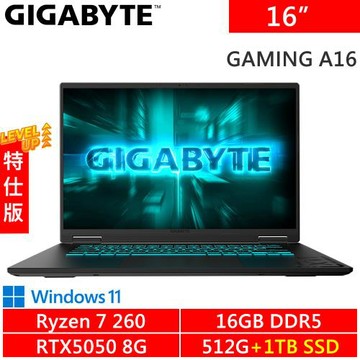 技嘉 GAMING A16 3THK3TW893SH-SP2 16吋 黑(R7 260/16G/512G+1TB/RTX5050)特仕機