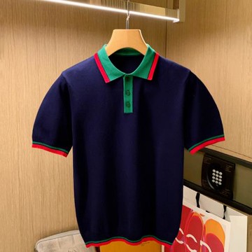 夏季翻領修身t恤拼色針織衫上衣 時尚高級拼色休閑男士短袖polo衫