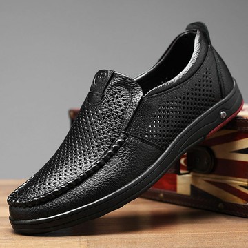 夏季男士真皮涼鞋夏天鏤空中老年人休閑不臭中年透氣皮鞋爸爸鞋子