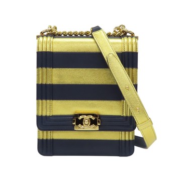 CHANEL 香奈兒 金/深藍色 羊皮 豎版Boy 肩背包 【二手名牌BRAND OFF】