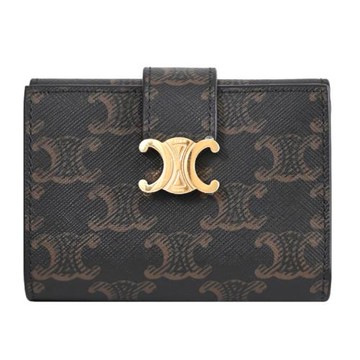 CELINE NINO Triomphe Canvas 金屬LOGO細搭帶三折短夾.深咖