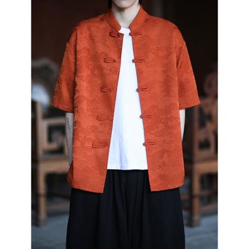 新中式唐裝中國風夏季薄款冰絲短袖襯衫復古提花漢服大碼男士襯衣